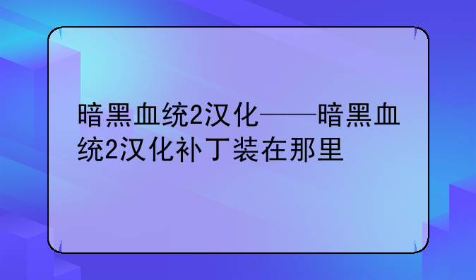暗黑血统2汉化——暗黑血统2汉化补丁装在那里
